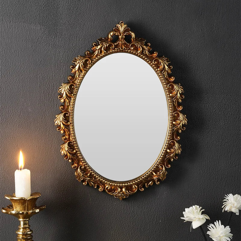 Golden Oval Resin Wall Mirror - Room Decor Hanging Mirror for Bedroom