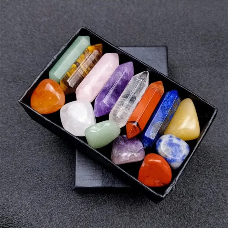 14-Piece Crystal Chakra Healing Stones Set with Rose Quartz Hexagon Gems for Meditation & Bedroom Decor