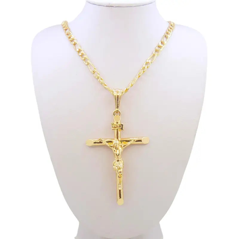 Gold-Plated Cross Pendant Necklace with Chain Men Women Religious Jewelry