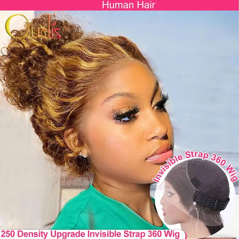 250 Density Full Lace Wig Human Hair Deep Wave Honey Blonde Glueless 360 Frontals