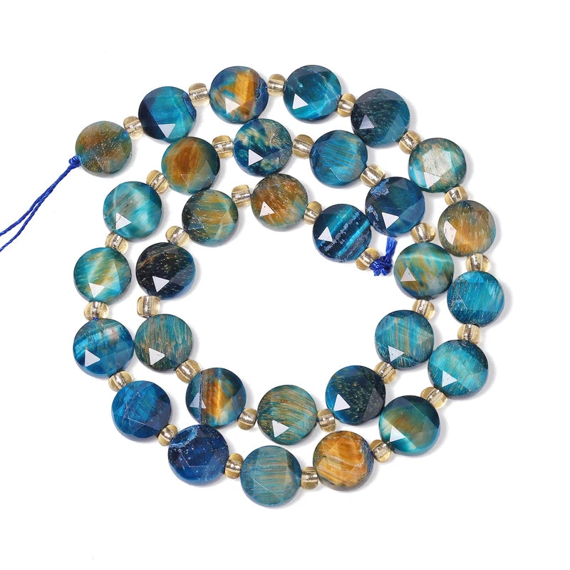 Natural Lake Blue Tiger Eye Beads Faceted Coin Shape Jewelry Making Supplies