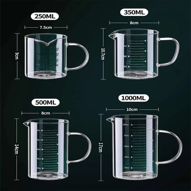 Glass Measuring Cup with Handle - Heat-Resistant Borosilicate Mug, Multiple Sizes