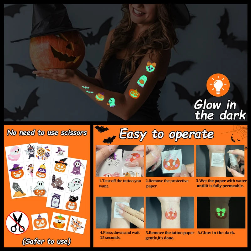 Glow-in-the-Dark Halloween Temporary Tattoos - 36 Sheets Party Decorations & Gifts