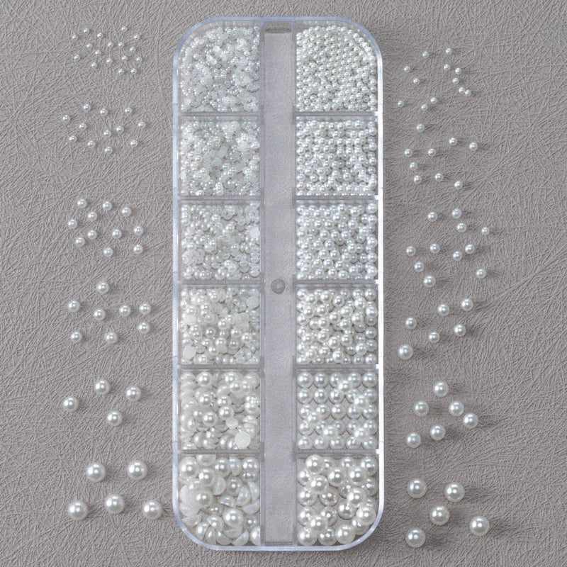 12-Grid Mixed White Pearl Nail Charms for Manicure DIY Jewelry