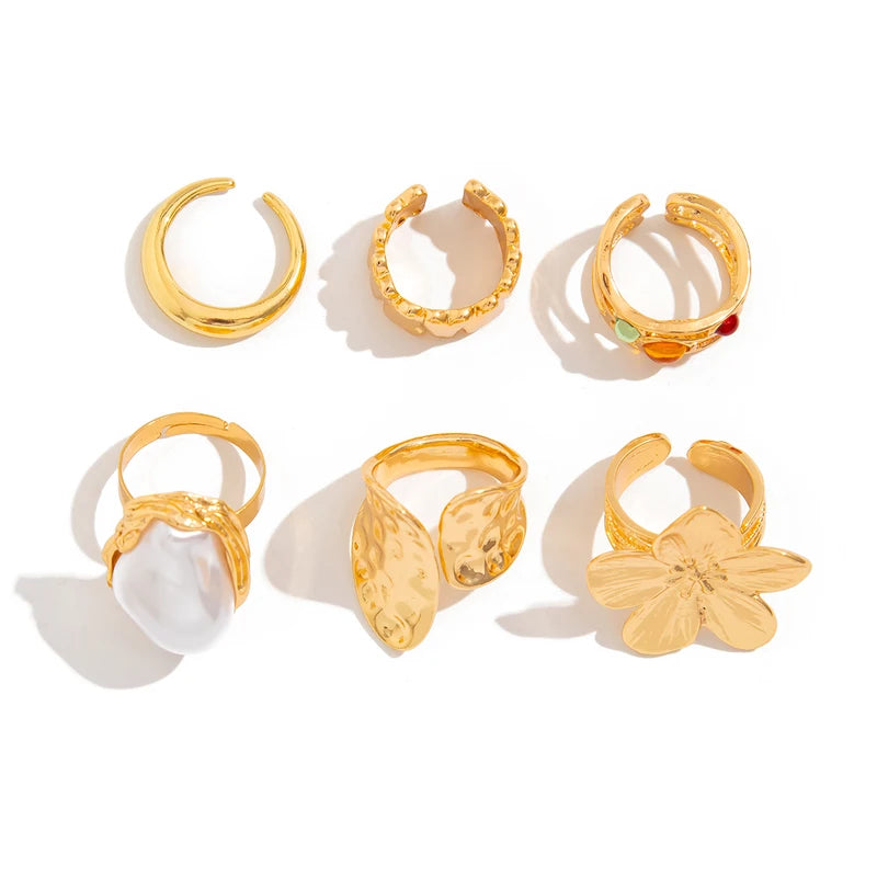 Elegant Irregular Metal Flower Open Rings Set with Imitation Pearls for Women