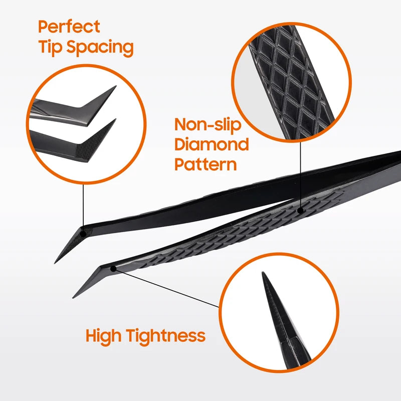 Fiber Tip Lash Extension Tweezers - Titanium Black Nano Tip Eyelash Tool for Lash Tech