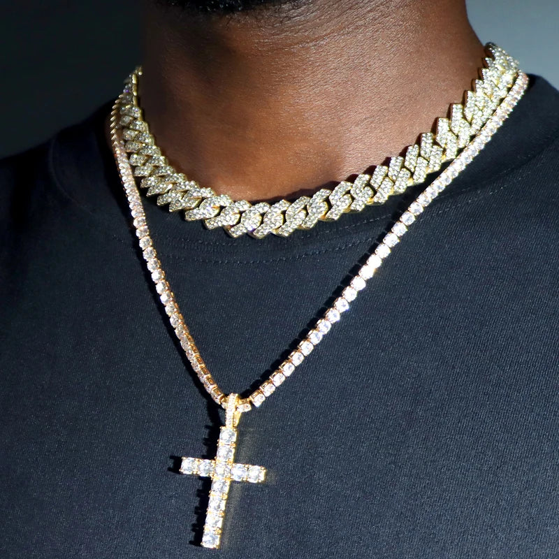 Men Women Cross Tennis Chain Necklace 14MM Cuban Link Jewelry - 2 Pieces