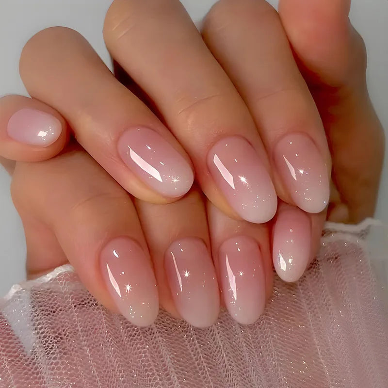 24pcs Almond Press-On Nails Tips with Blush Design - Short Oval Fake Nails for Manicure