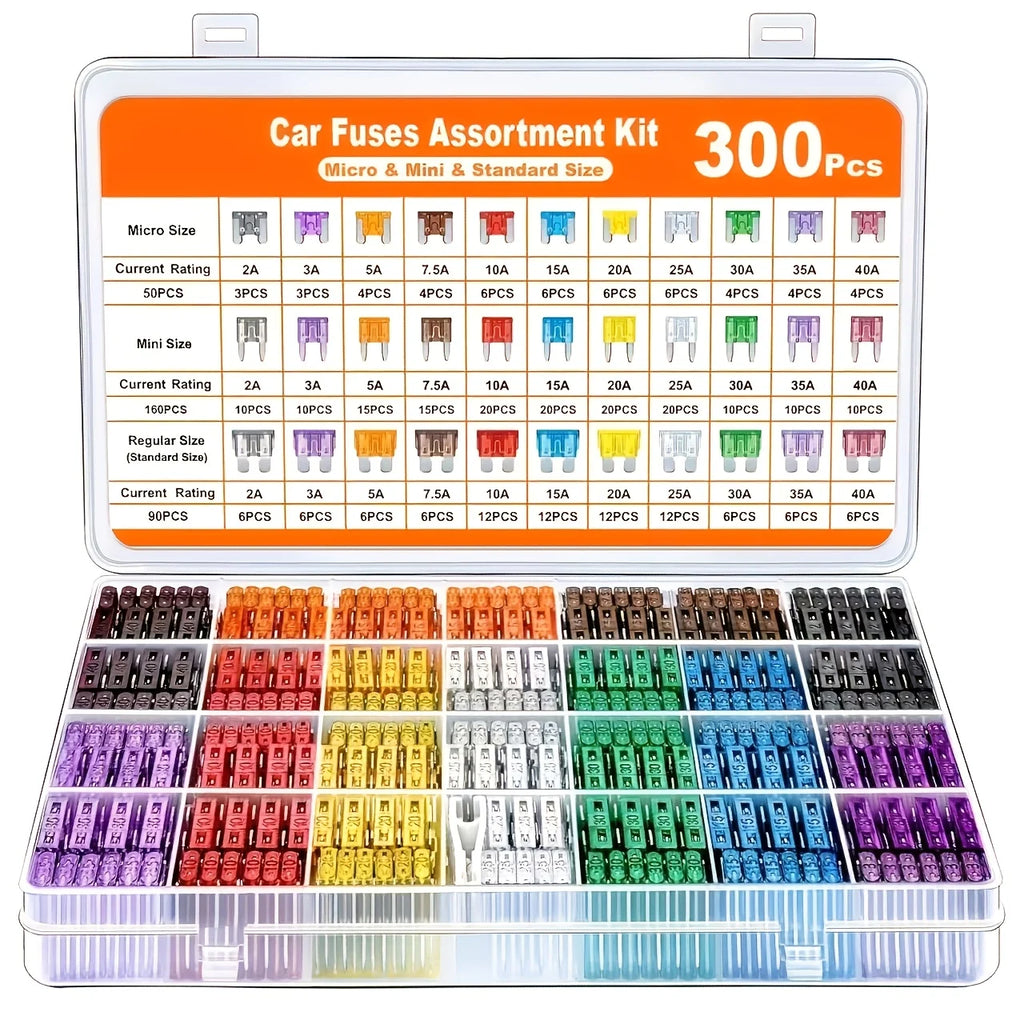 300Pcs Car Fuse Assortment Kit - Mini, Standard & Micro Fuses with Extractor Tool