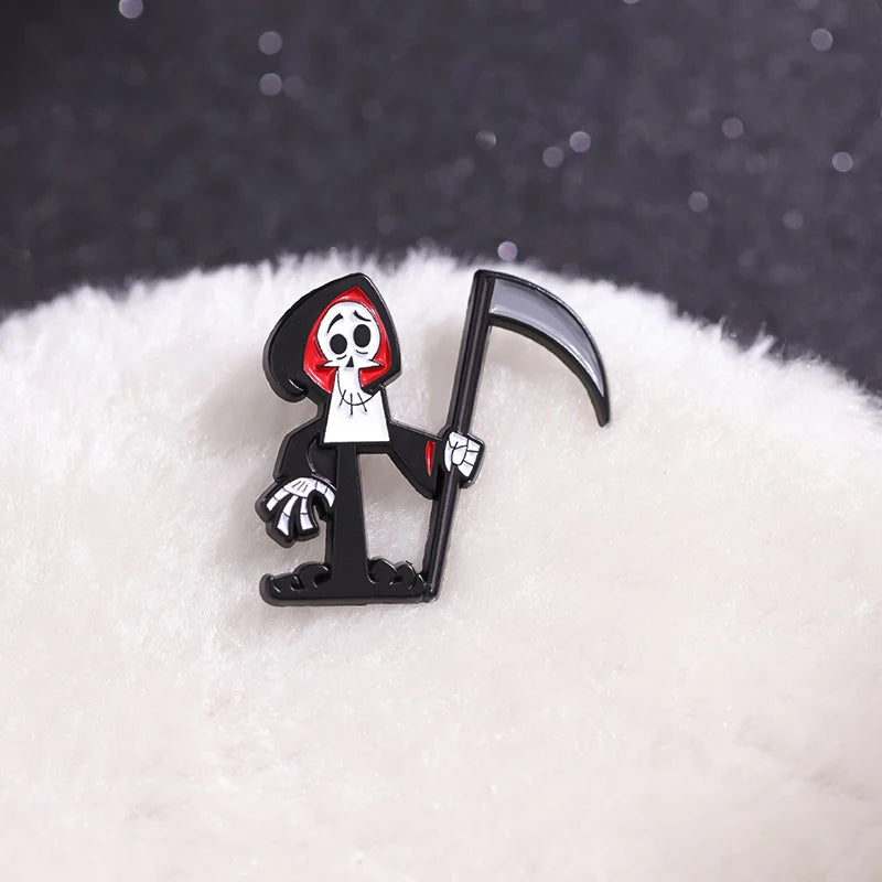 Cartoon Grim Reaper Enamel Brooch Pin Halloween Jewelry Gift Metal Badge