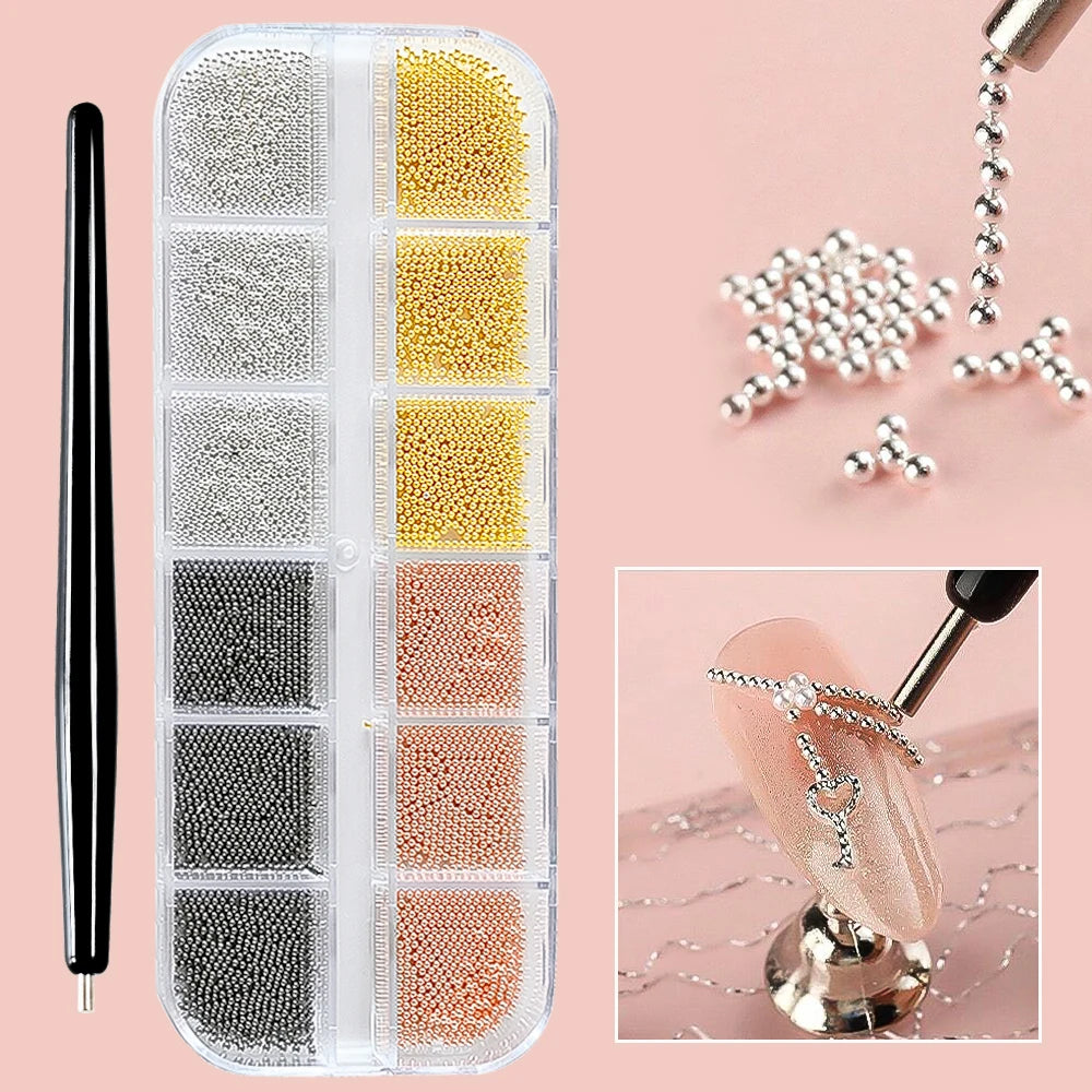 Mini Caviar Nail Art Beads Set with Magnetic Pen - Metal Micro Balls for 3D Nail Decorations