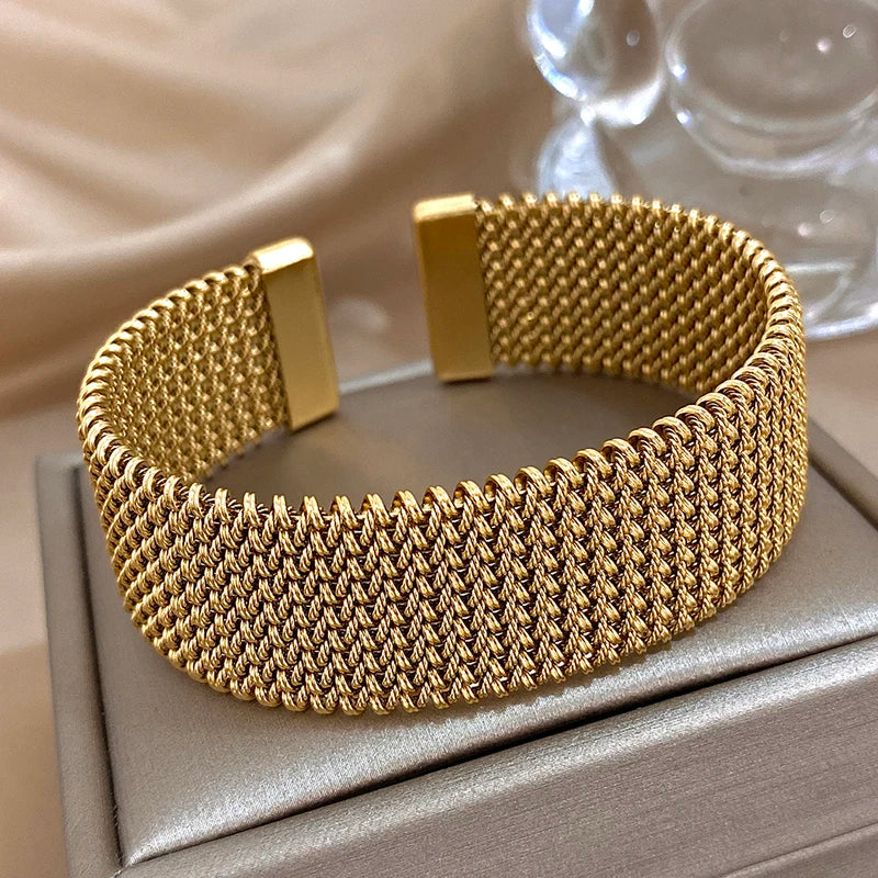 Vintage Stainless Steel Braided Open Bracelet for Women Men Waterproof Jewelry