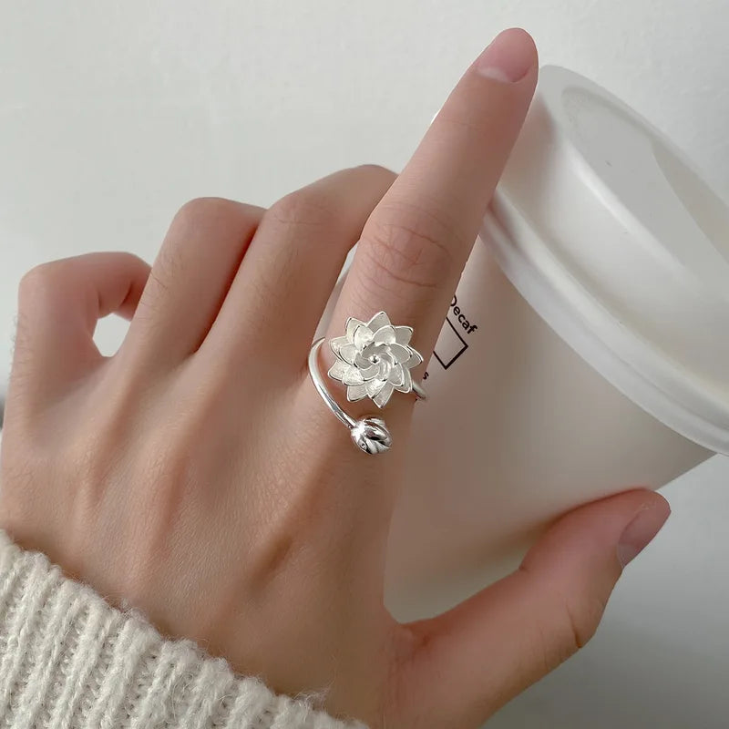 925 Sterling Silver Lotus Flower Adjustable Ring for Women Wedding Engagement Jewelry