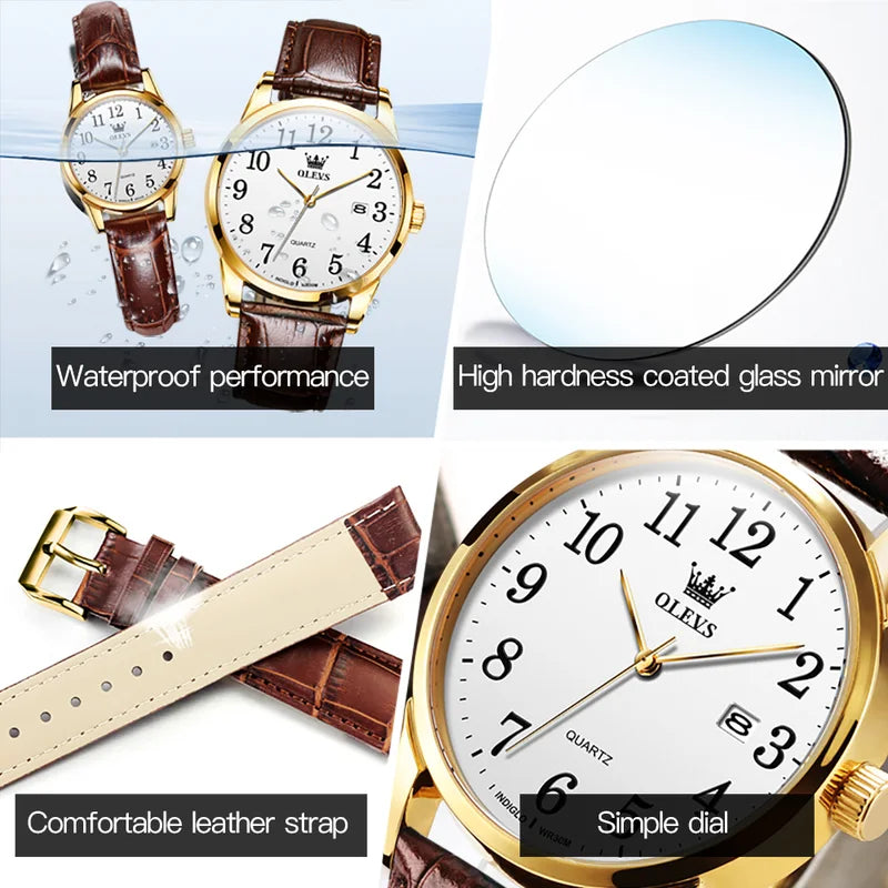 Women & Men Quartz Watch 50M Waterproof Sports Leather Strap Ultrathin