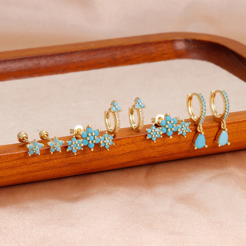 8PCS Stainless Steel Hoop Earrings Set for Women Crystal Flower Geometric Zircon Gold Plated Jewelry