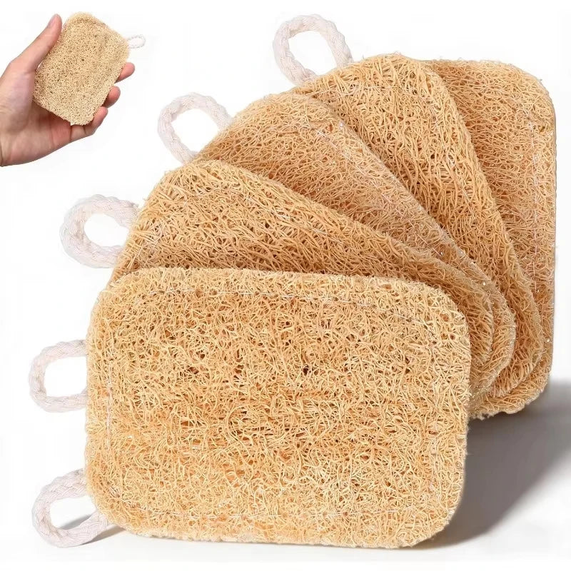 Natural Loofah Exfoliating Sponges - Gentle Body Scrubber for Shower & Bath, Bamboo Fiber Cleaning Pads, 4-6 Pack