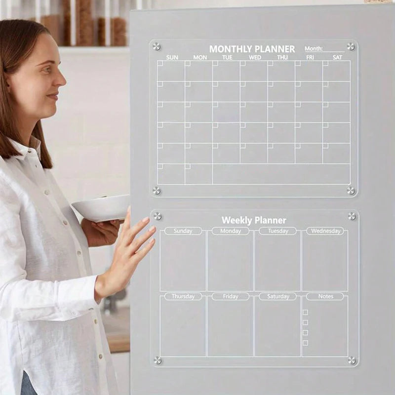 Magnetic Reusable Acrylic Fridge Calendar Board with Markers - Monthly & Weekly Planner for Home & Office