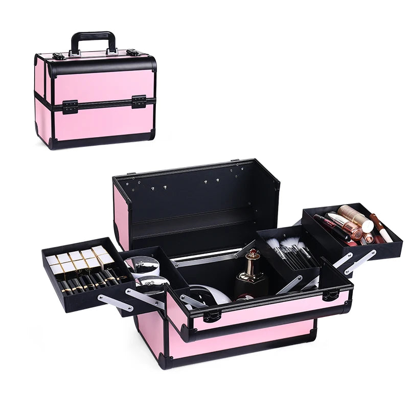 Makeup Train Box with Adjustable Trays Lockable Cosmetic Storage Organizer