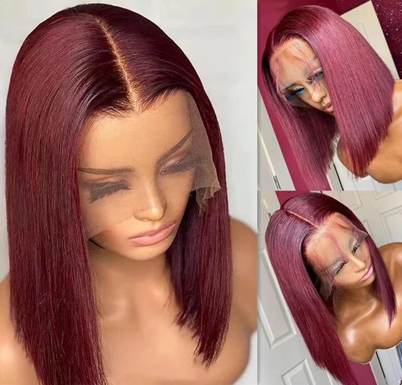 Brazilian 99J Bob Human Hair Wig - Straight Lace Front Short Wig with HD Transparent Lace