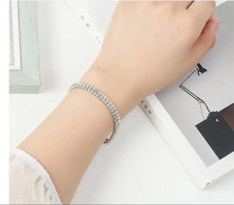 Sterling Silver Zircon Crystal Bracelet for Women Girl Engagement Wedding Jewelry