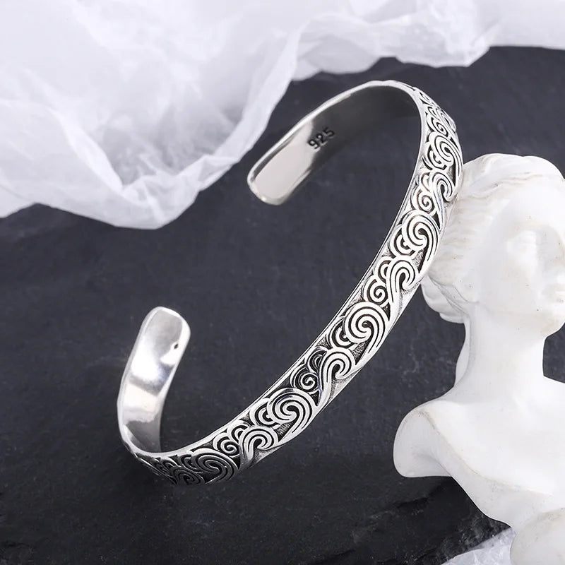 Retro Wave Sterling Silver Bracelet - Cloud Design Bangles for Women