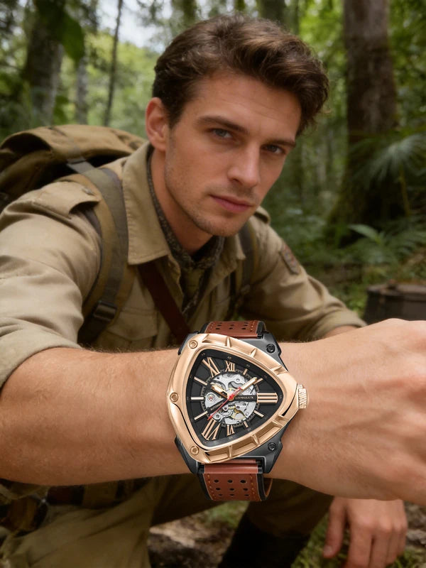Men's Automatic Skeleton Watch with Leather Strap Waterproof and Luminous Dial