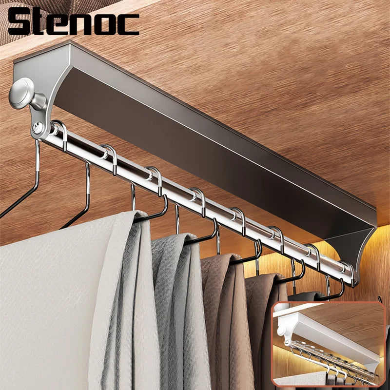 Adjustable Telescopic Closet Clothes Rail - Pull Push Top Mount Hanging Rod