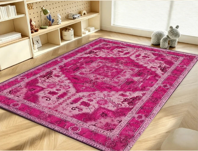Vintage Oriental Medallion Area Rug Bright Pink Fuchsia Non-Slip Floor Mat