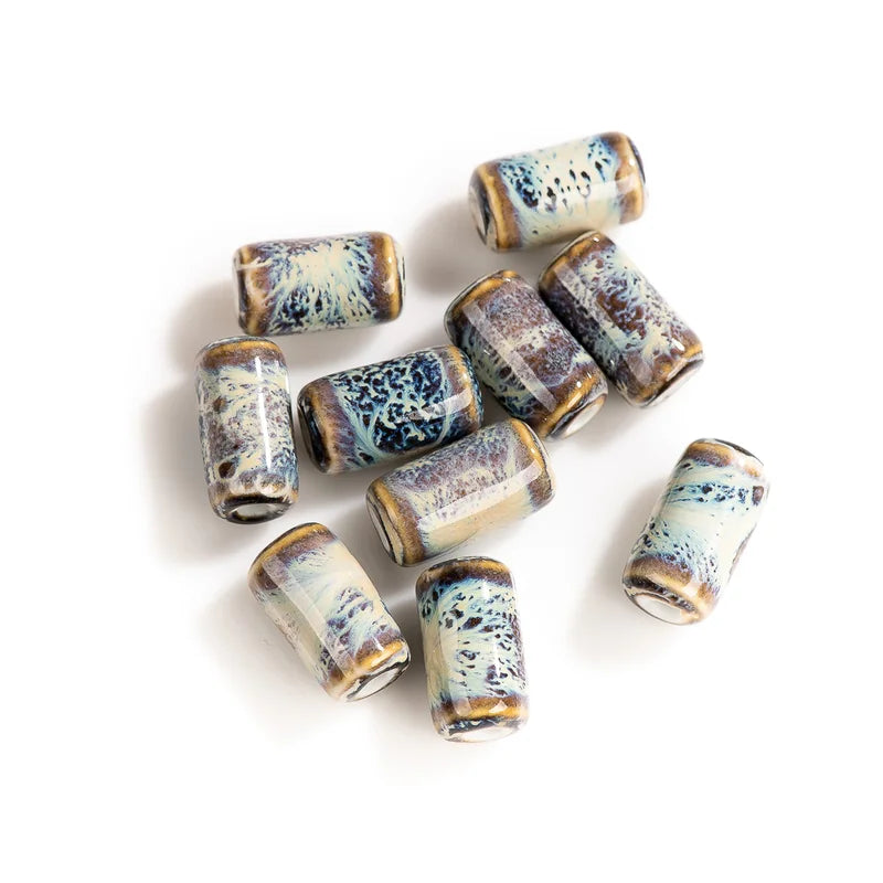 Small Cylindrical Ceramic Beads for Jewelry Making - 10pcs Handmade Pendant Material