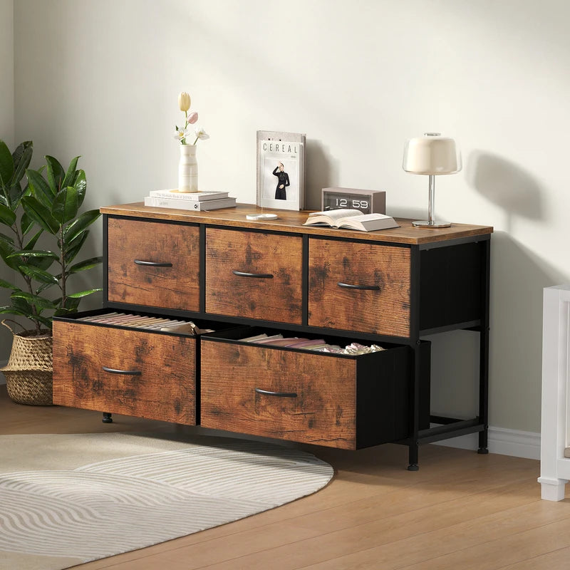 5-Drawer Fabric Dresser with Wooden Top and Metal Frame for Bedroom & Living Room Storage