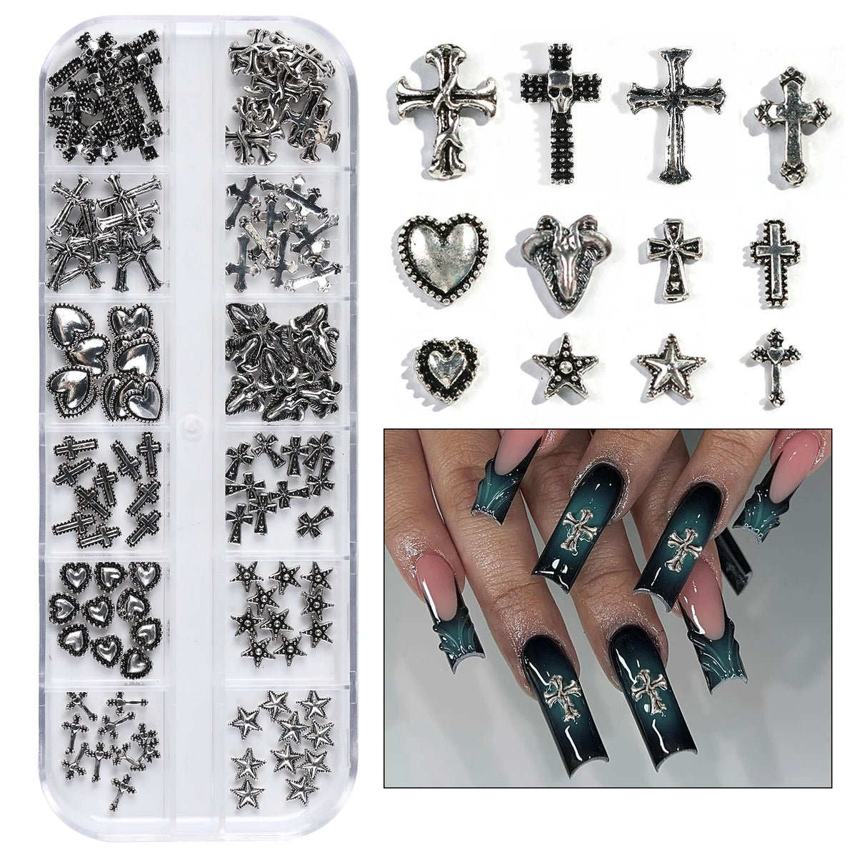 Retro Nail Art Jewelry Cross Spider Heart Pattern DIY Nail Decoration Accessories