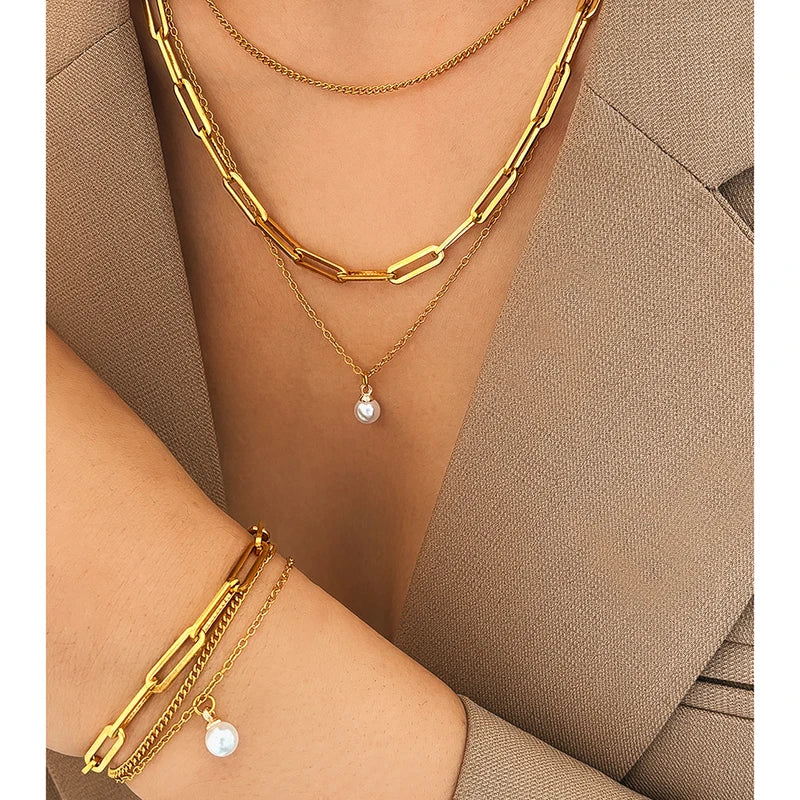 Delicate Pearl Pendant Jewelry Set for Women Multi-Layer Chain Gift