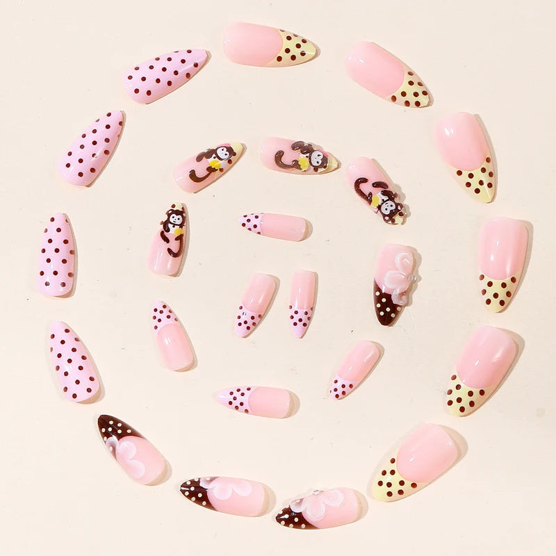 24PCS Cute Cartoon Monkey Press On Nails Pink Almond French Style Fake Nails