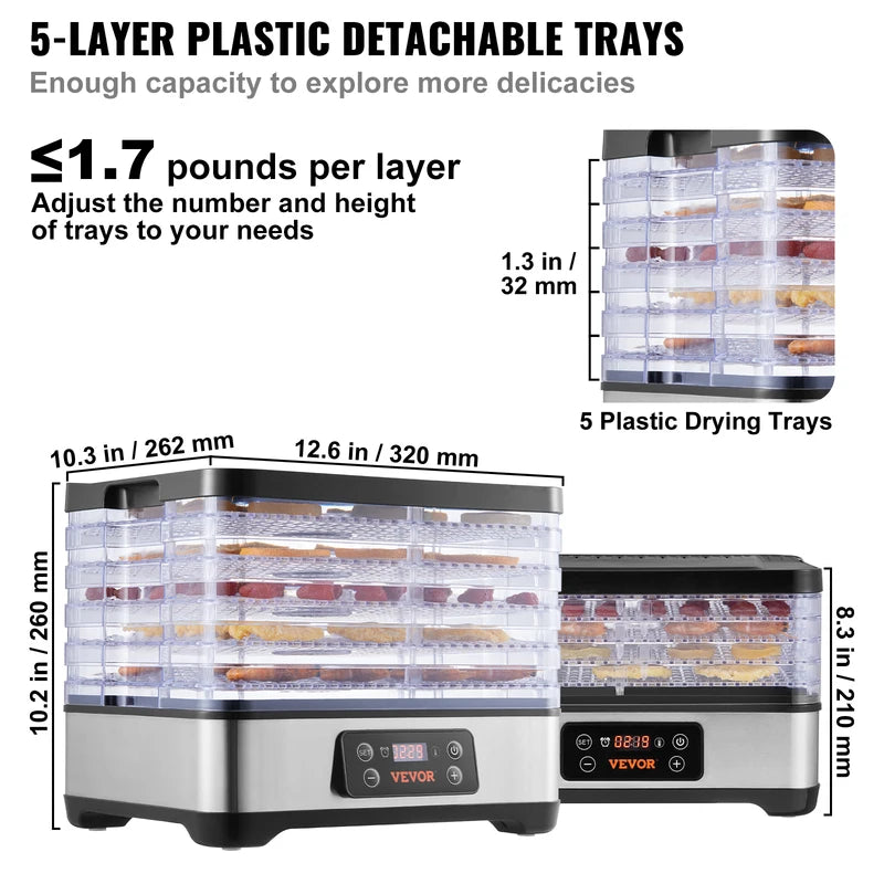 5-Tray Food Dehydrator Machine 300W Stainless Steel Digital Timer & Temperature