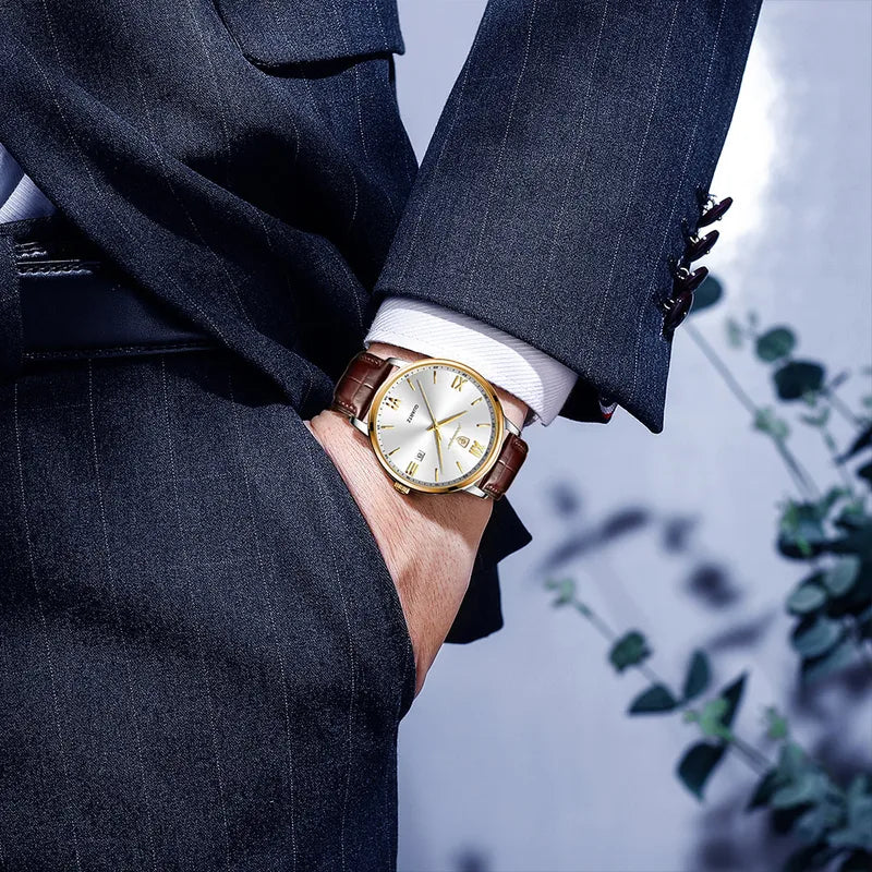 Luxury Business Wristwatch for Men Waterproof Leather Quartz Watch with Luminous Dial