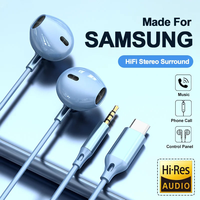 Wired In-Ear Headphones with USB Type-C & 3.5mm Jack for Samsung Galaxy & More