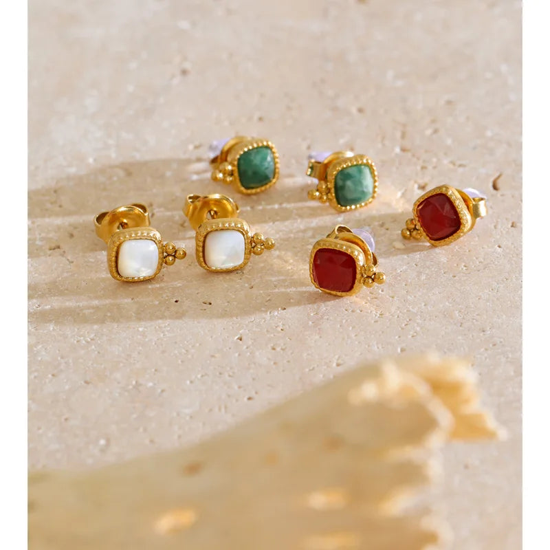 Square Stud Earrings with African Jade Agate Stone in Gold & Silver Tones – Women’s Retro Jewelry