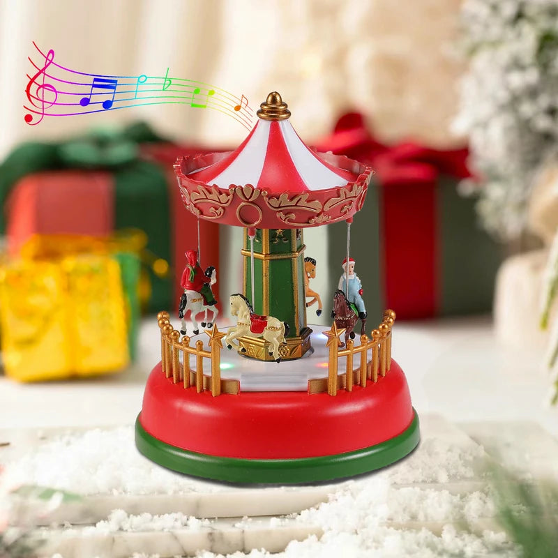 LED Christmas Carousel Decoration Music Box with Lights and Rotating Village Scene