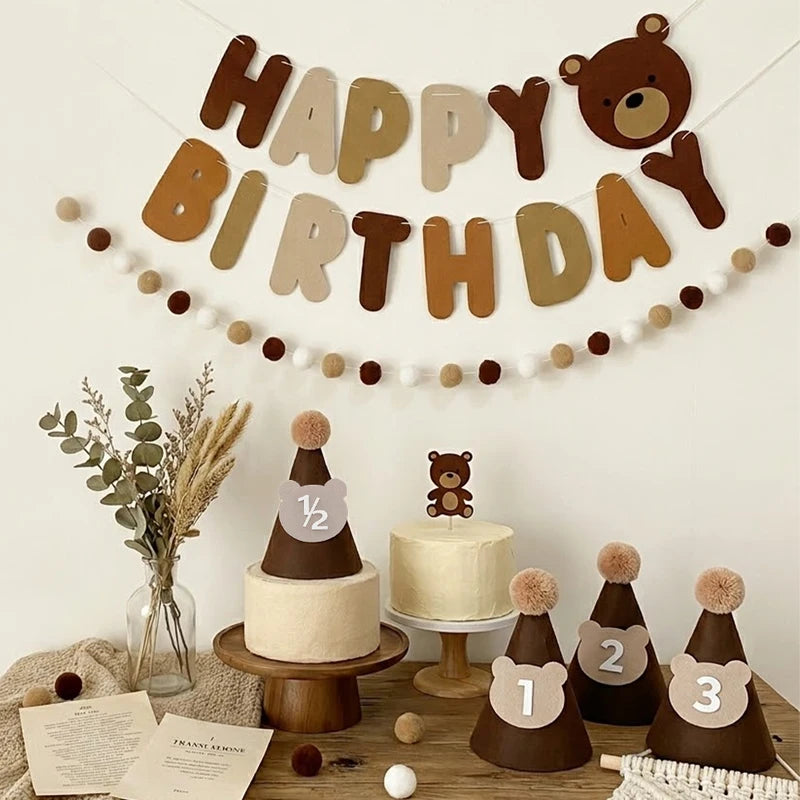Boho Felt Teddy Bear Party Decor Set with Birthday Banner and Foil Balloons