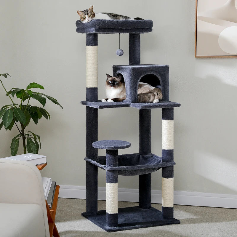Multi-Level Cat Tree Tower for Indoor Cats with Large Hammock & Sisal Posts