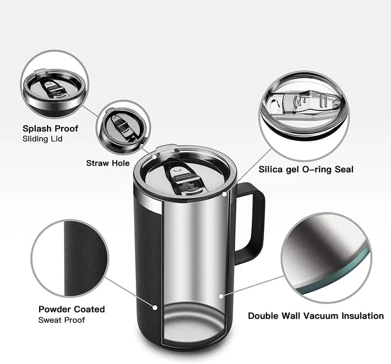 680ml Insulated Stainless Steel Coffee Mug with Handle and Leak-Proof Lid