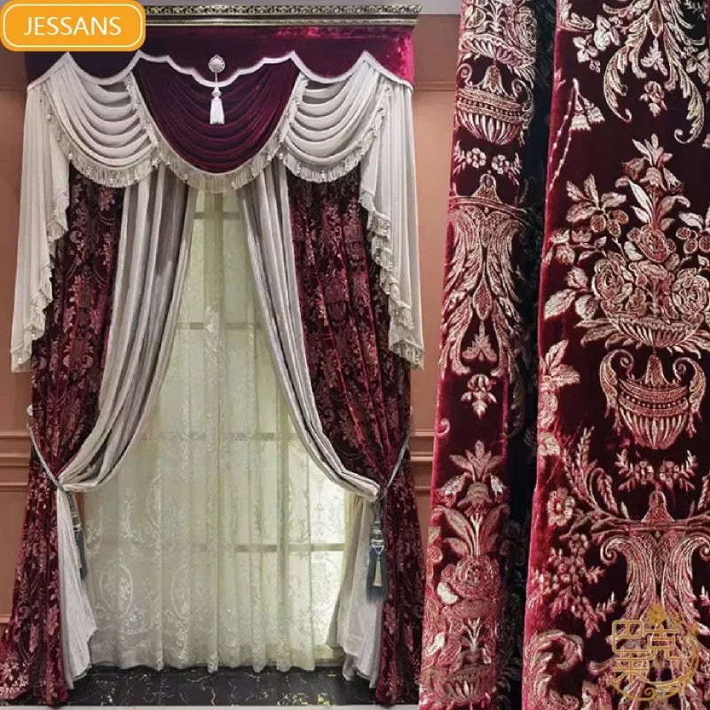 Wine Red Silk Velvet Embroidered Floral Curtains for Living Room & Bedroom