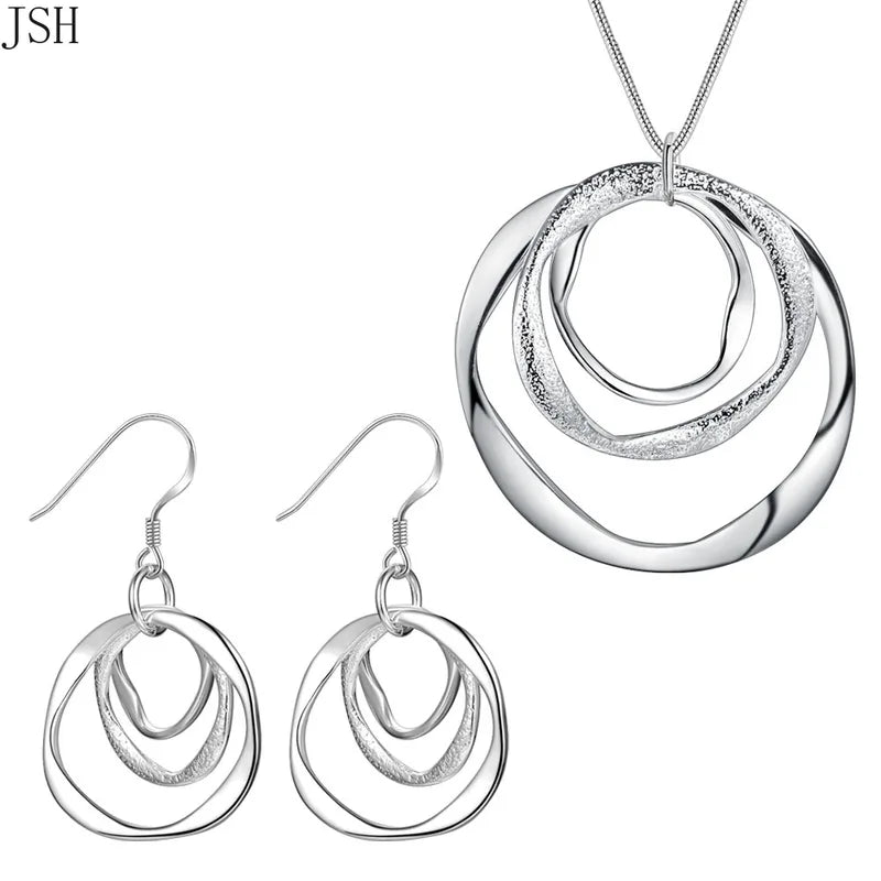 Sterling Silver Necklace and Earring Jewelry Set for Women - Fashion Charm Circle
