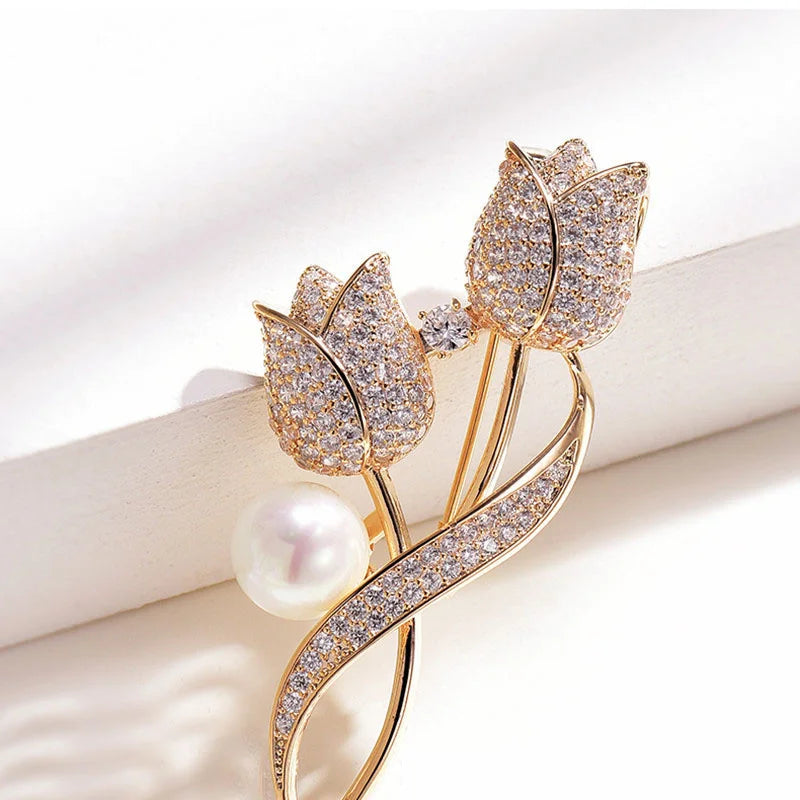 Luxury Tulip Flower Brooch with Rose White Stone - Elegant Jewelry Accessory