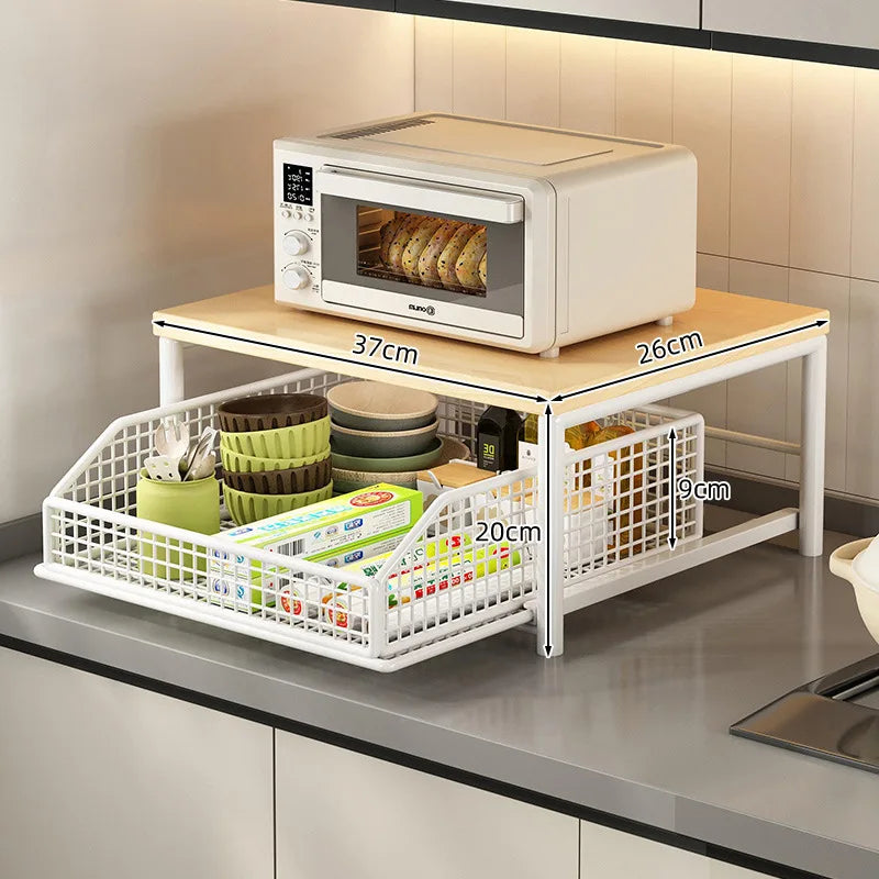 Modern Kitchen Microwave Rack Storage Organizer Solid Wood Metal Countertop Shelf
