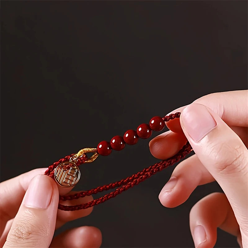 Handwoven Rope Imitation Cinnabar Pendant Bracelet for Women Lucky Red Chinese Knot Jewelry Gift