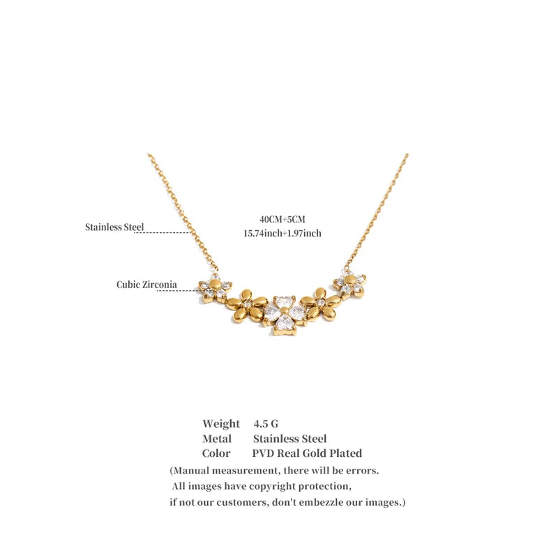 Stainless Steel Zirconia Flower Necklace Pendant 18K Gold Plated Jewelry