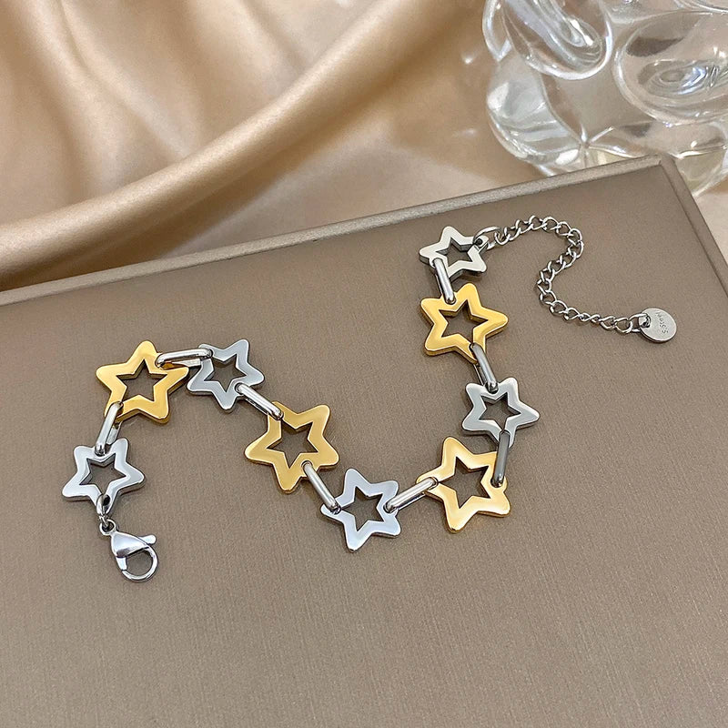 Fashion Stainless Steel Gold Silver Color Bracelet for Women with Hollow Star Link Chain Waterproof Jewelry Gift