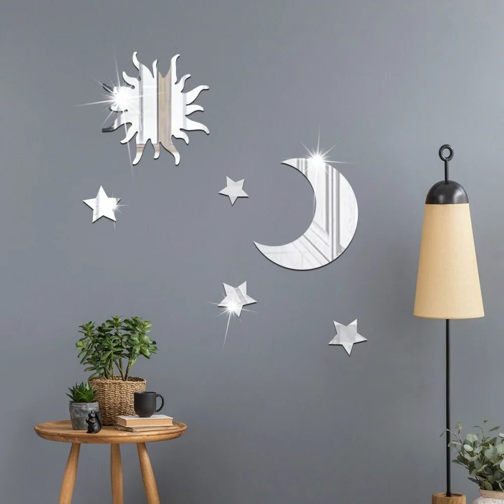 6PCS Star Moon Acrylic Mirror Wall Stickers - Self-Adhesive Decor for Bedroom & Living Room