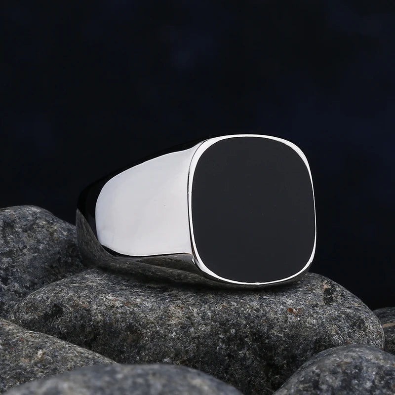 Unisex Stainless Steel Wedding Ring with Black Agate Stone - High-Quality Jewelry
